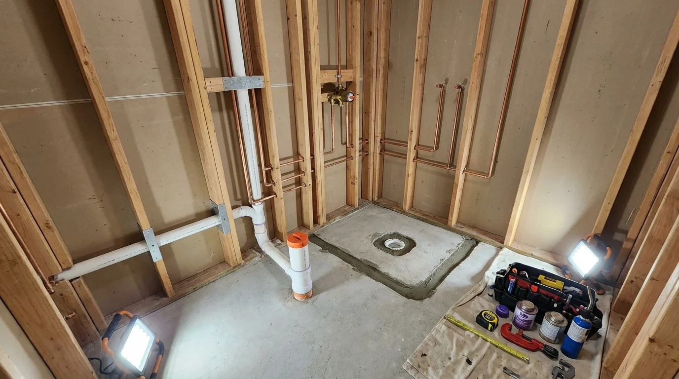 Bathroom rough-in plumbing during remodel by Johns Plumbing LLC in Circle Pines
