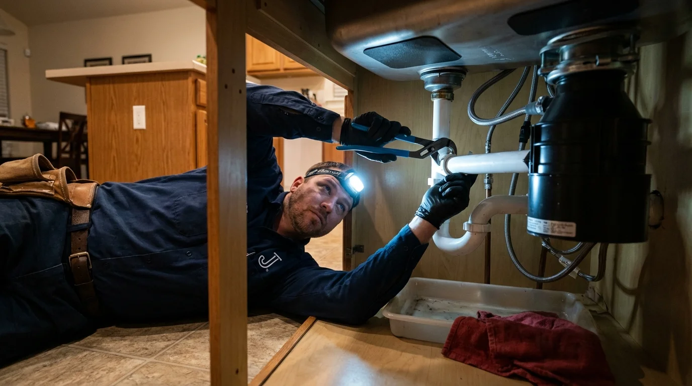 P-trap and supply line connections under a kitchen sink showing a common leak point in Circle Pines, MN